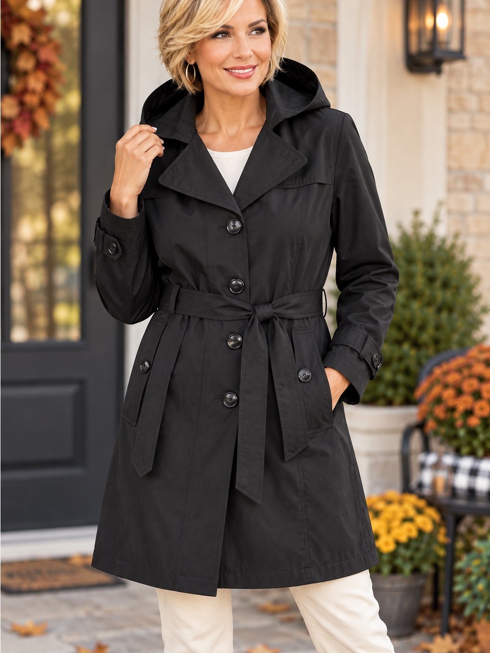 Gallery Trench Coat Size L Black Hooded Belted Removable Hood & Lining